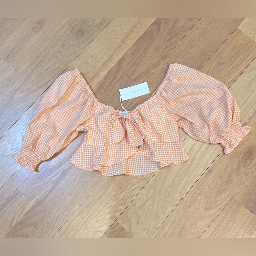 OLIVACEOUS Orange Pattern Tie Front Puff Sleeve Crop Top Size Medium NWT